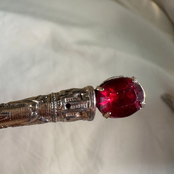 Antique Gold-Tone Jeweled knights sword Thistle Pin Brooch Red Glass Gemstone - Picture 2 of 8